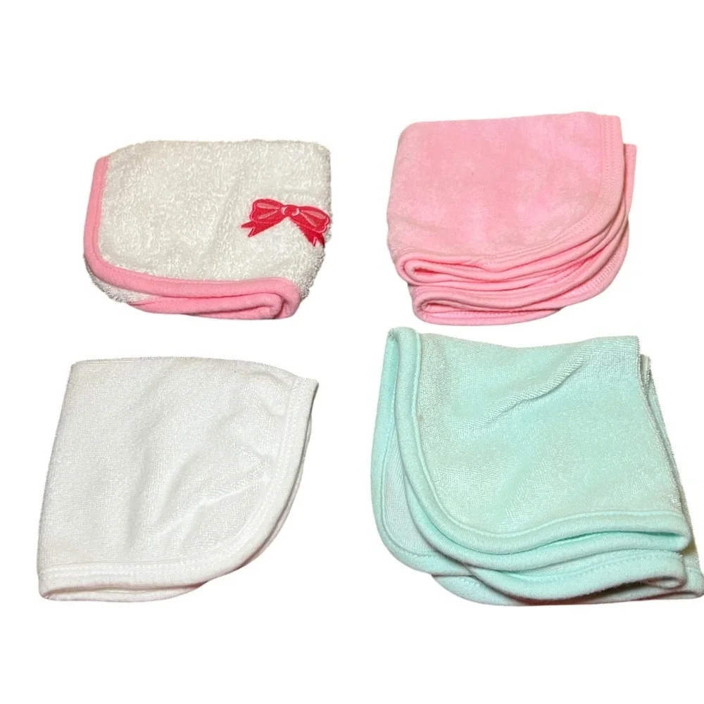 Gerber Nuby Baby Washcloths Set 6 Pink White Mint Green Good Bow Embroidery